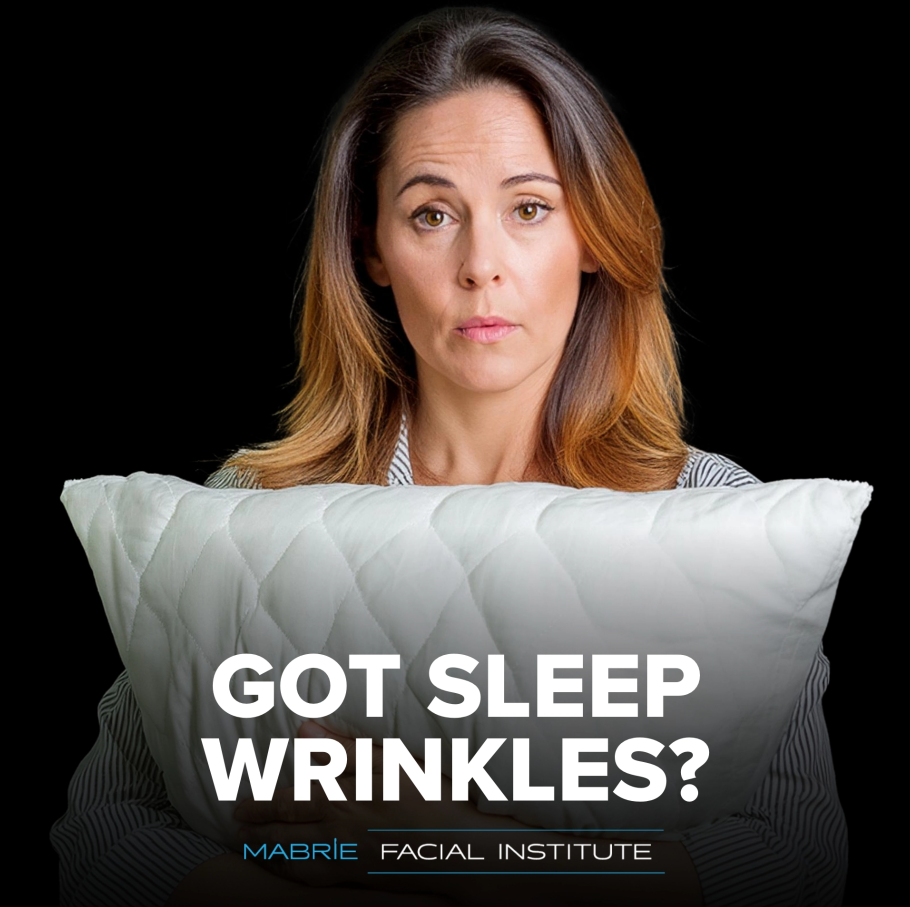 Unhappy woman with her pillow and text that reads " Got sleep wrinkles?"