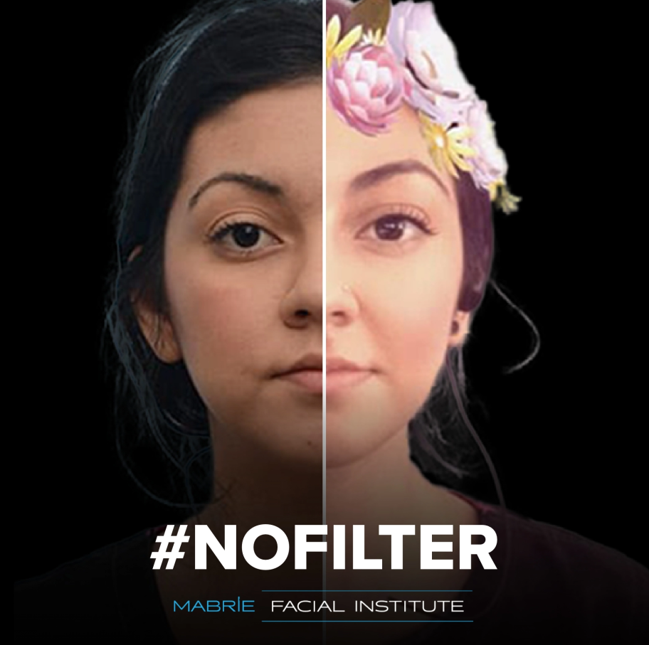 Woman's face with and without filter with the text that reads "#NOFILTER"