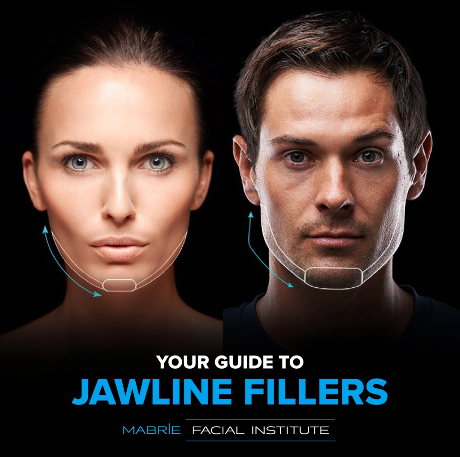 Arrows along a woman's and man's jawline (models) indicating projection and definition with text that reads, "Your Guide to Jawline Fillers"