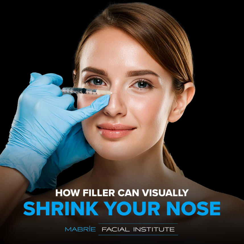 Woman receiving filler injection and text that reads "How filler can visually shrink your nose"
