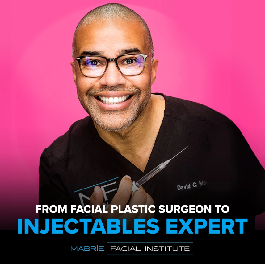 Dr Mabrie smiling brightly with text that reads "From facial plastic surgeon to injectables expert"