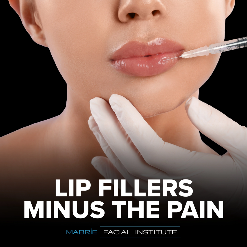 Woman's lower face with provider's hand holding her chin and administering lip filler through a syringe (models) with the text 'Lip fillers minus the pain'