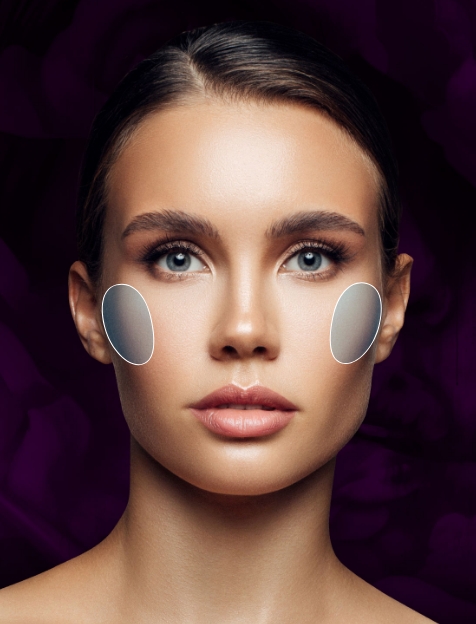 Highlighted cheeks of the model showcasing the targeted region for Cheek filler, aiming to enhance structure and shape.