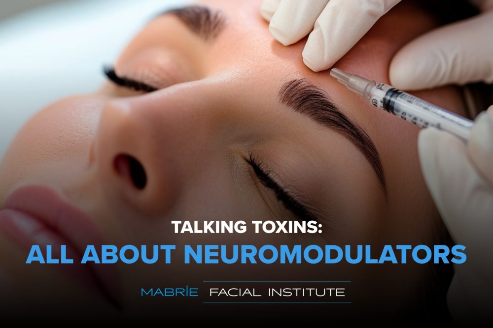Model image of woman receiving BOTOX® injections to the forehead with text that reads " Talking Toxins: All About Neuromodulators"
