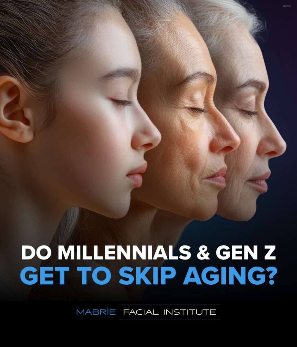 Model images of woman progessively aging and text that reads 'Do Millenials & Gen Z Get To Skip Aging?'